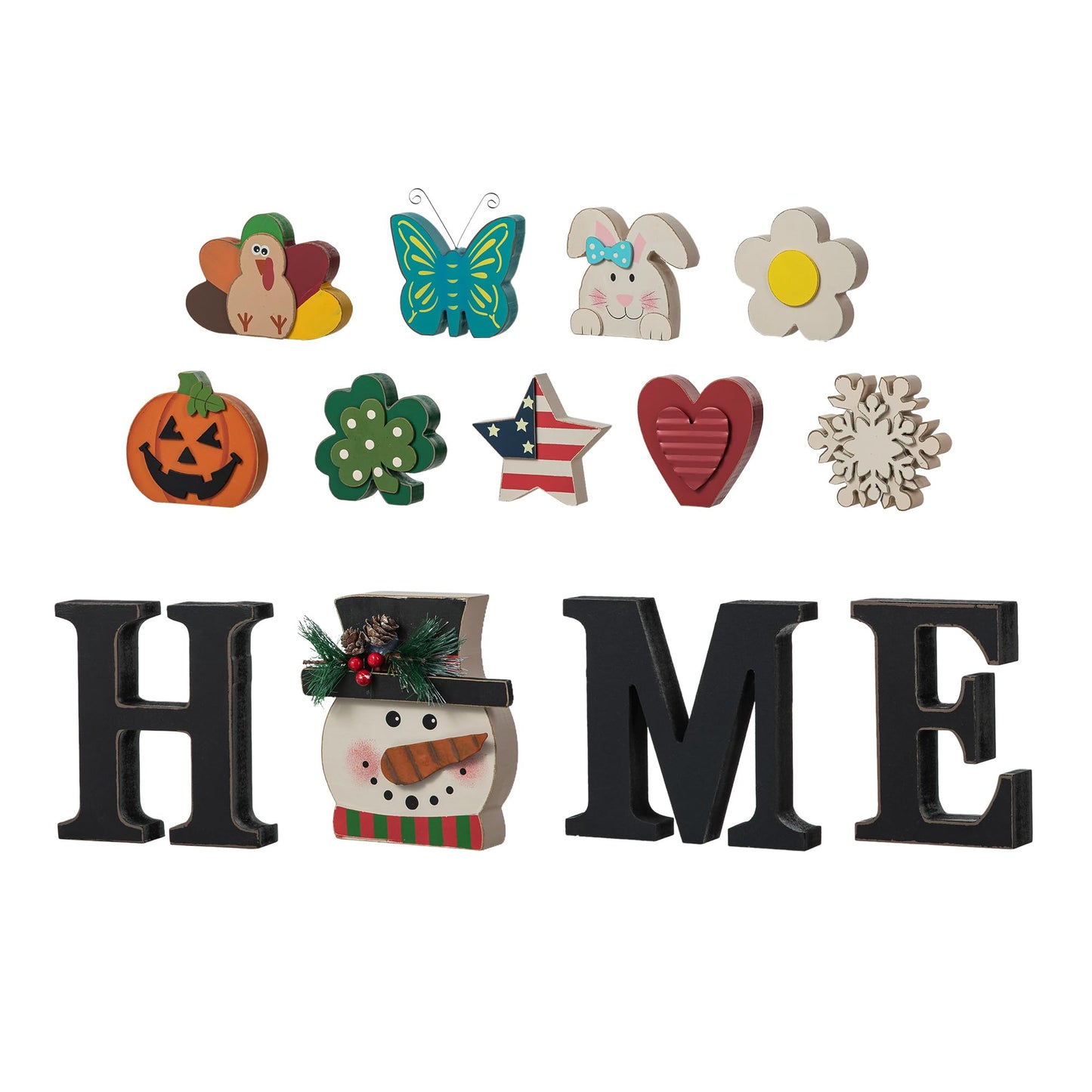 Glitzhome Interchangeable Home Sign with 10 Seasonal Icons Wooden Sign Table Top Shelf Decor for Holiday Farmhouse Door Welcome DIY Decor
