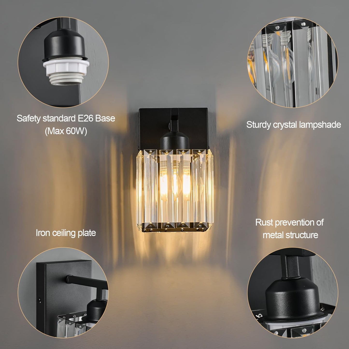 FDPBY Modern Wall Sconces Set of Two Indoor Wall Lamp Black Wall Sconce Crystal Wall Light Bathroom Vanity Light Fixtures Wall Mounted Room Sconce Wall Lighting