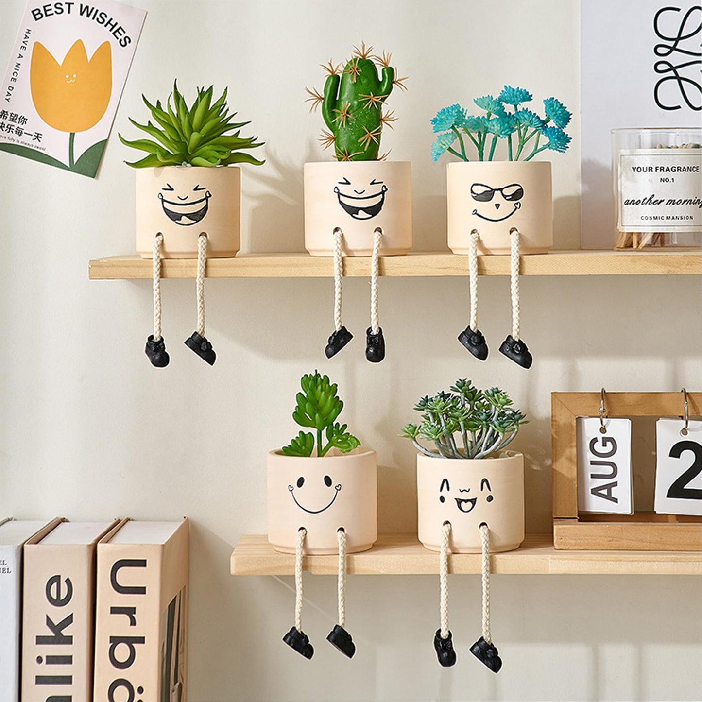 KAKAHOUS Smile Face Planter Pot Ceramic Flower Head Planters with Hanging Foot Doll Succulent Pots for String of Pearls Plant Live Gift Ideas for Mother, Christmas(Laughing)