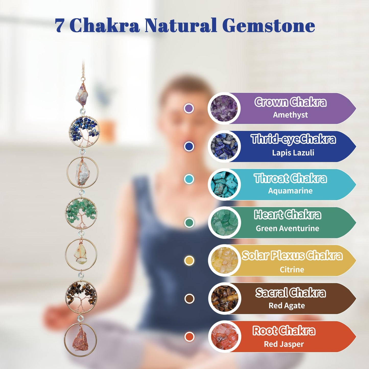7 Chakra Healing Crystals Hanging Ornament，Handmade Chakra Stones Tree of Life Natrual Gemstones Wall Hanging Ornaments for Home Decor Yoga Meditation(Natural Stones+Tree of Life)