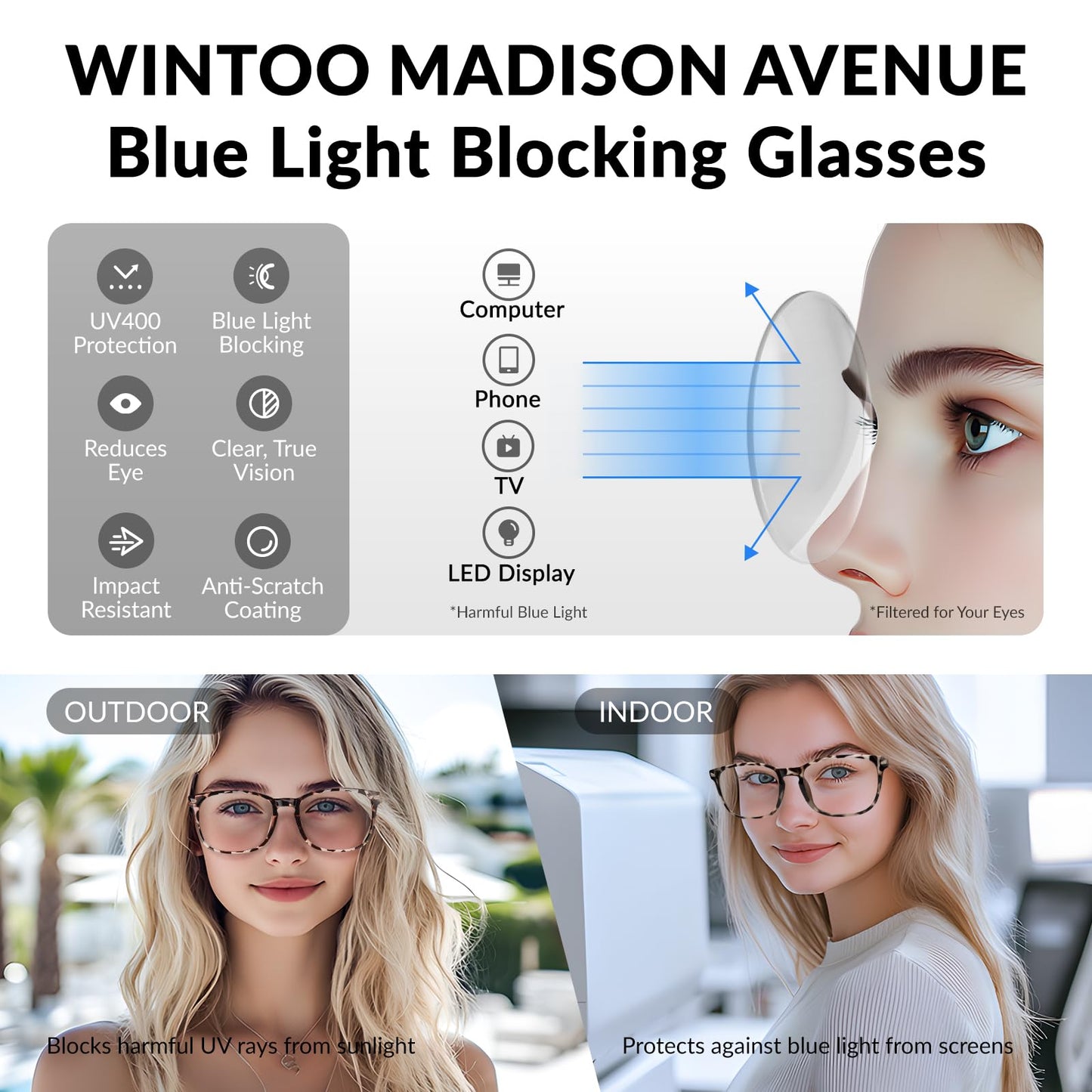 WINTOO Blue Light Glasses for Woman Men | 99% Blue Light Blocking Glasses for Computer Gaming TV Phone Screen Square Frame | Anti Eyestrain & UV Glare Protection - 5 Pair
