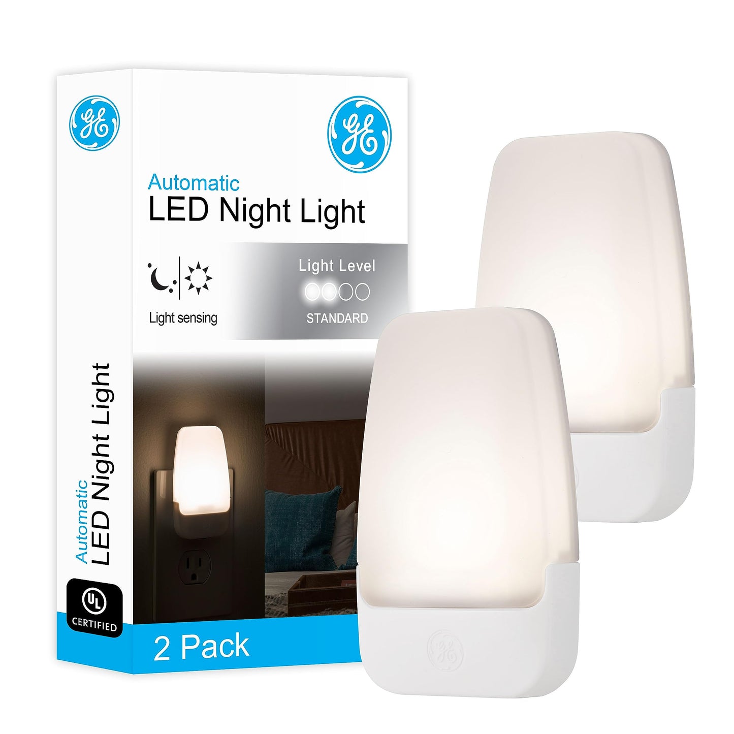 GE LED Night Light, Plug-in, Dusk to Dawn Sensor, Warm White, Ambient Lighting, Ideal for Kids and Adults Bedroom, Bathroom, Nursery, Hallway, Kitchen, 46882, 4 Pack