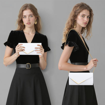 Larcenciel Women's Clutches, Leather White Clutch Bags for Women w/Detachable Chain, Envelope Evening Handbag, Minimalist Cross Body Shoulder Bag Purses Wallet for Women Bridal Prom Party Wedding