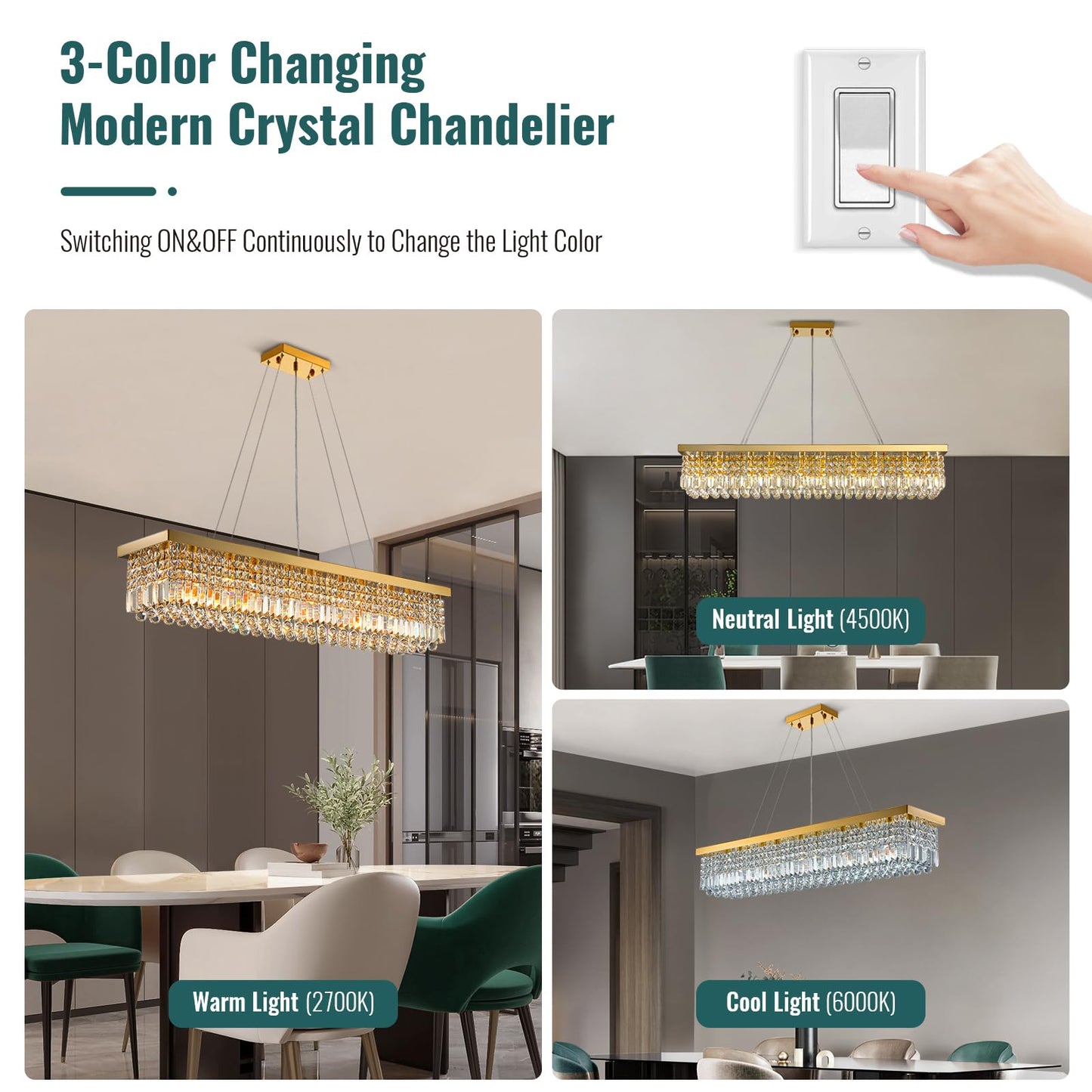 Siljoy Rectangular Gold Crystal Chandelier for Dining Room, 10-Light Modern Rectangle K9 Crystal Raindrop Chandelier, Luxury Dimmable Crystal Ceiling Light for Living Room Kitchen Island L47''