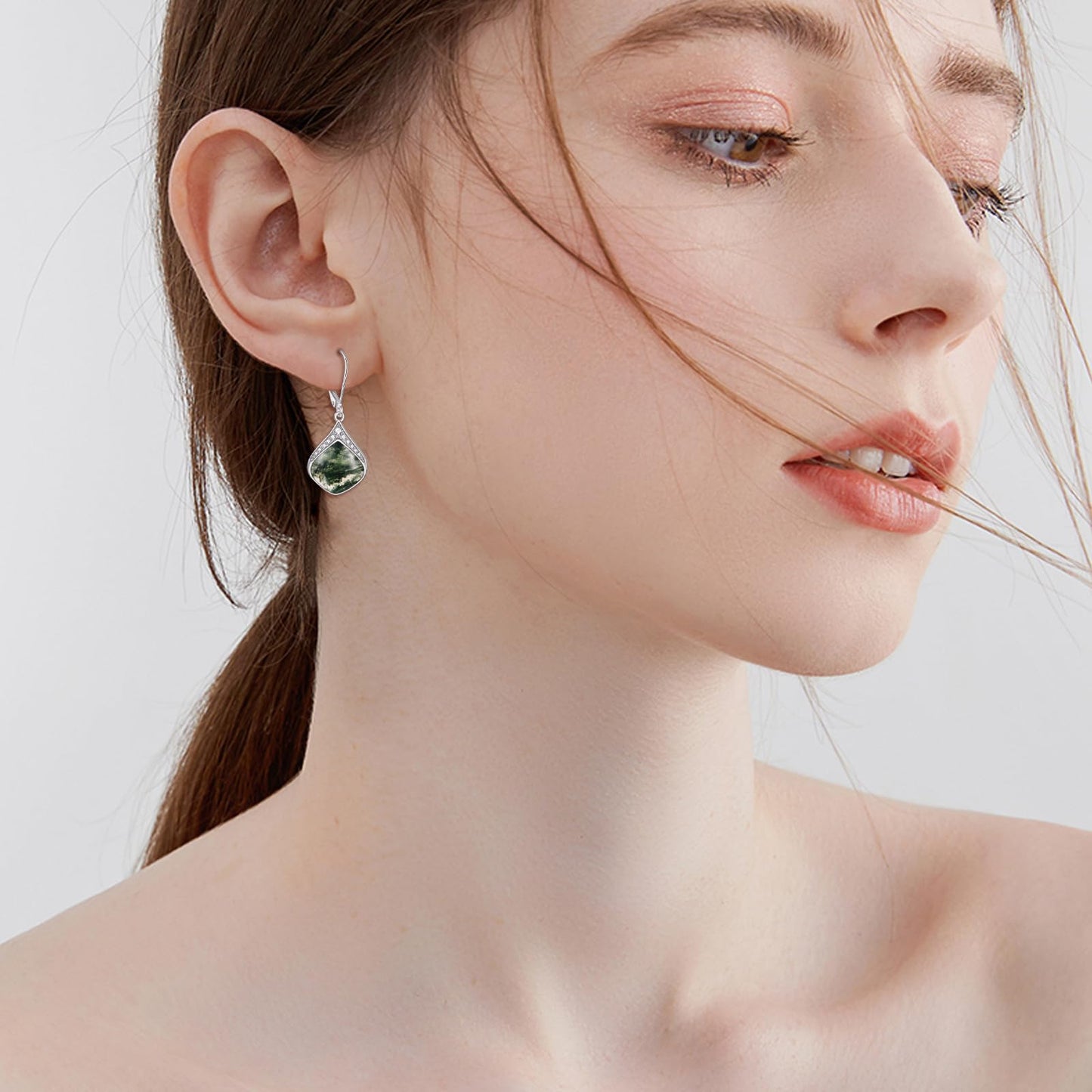 Moss Agate Earrings for Women Sterling Silver Cubic Zirconia Teardrop Drop cubic Zirconia Dangle Earrings Jewelry Gifts for Women