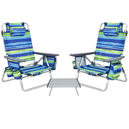 GYMAX Beach Chairs, Backpack Camping Chair with Armrest, Cooler Bag, Cup Holder, Towel Bar & Side Pockets, Sunbath Sling Tanning Lounge, Folding Layout Chair (with Table, Blue Stripe)
