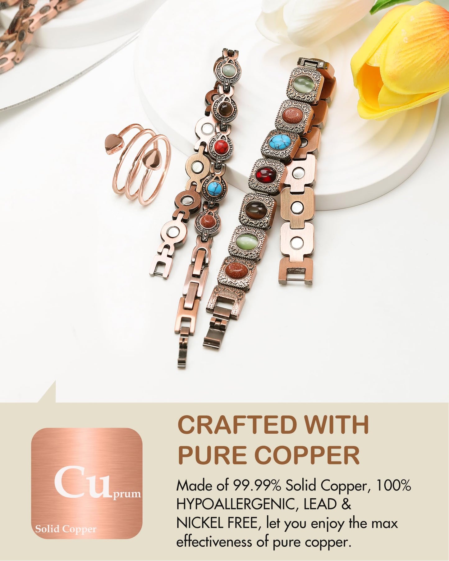 Feraco Pure Copper Bracelets & Rings for Women, Ultra Strength Magnetic Copper Bracelet with 3800 Gauss Magnets, Natural Turquoise & Stones, Adjustable Jewelry Gift