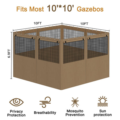 Gazebo Privacy Curtain 10'x10', Replacement Curtains with Mosquito Net Windows, 4-Panels Side Wall, Zippers, Waterproof Outdoor Curtains for Patio, Canopy, Garden and Backyard, Khaki (Curtain Only)