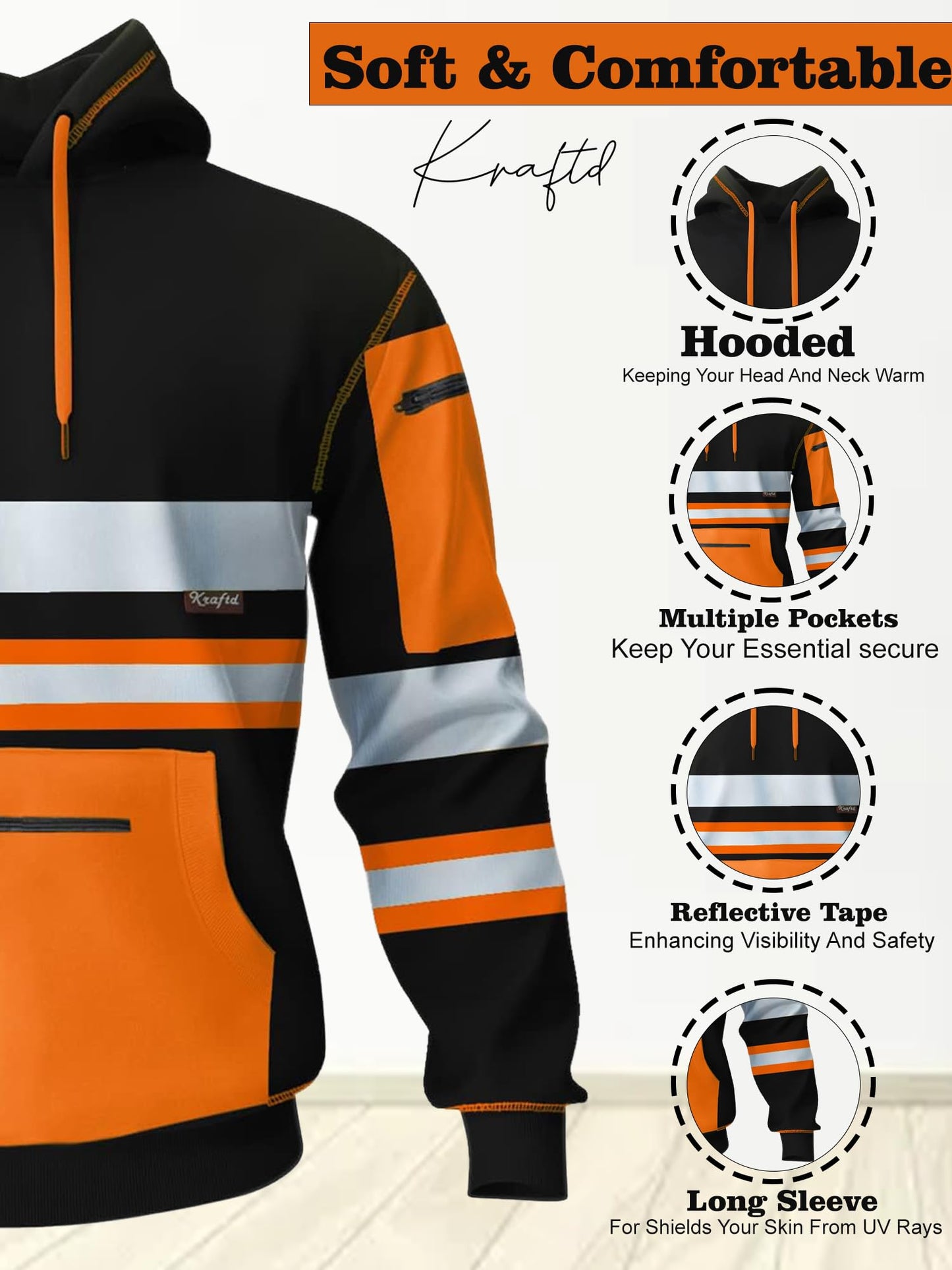 kraftd Mens Hi Vis Hoodie High Viz Hooded Sweatshirt Workwear Hoody With Reflective Tape