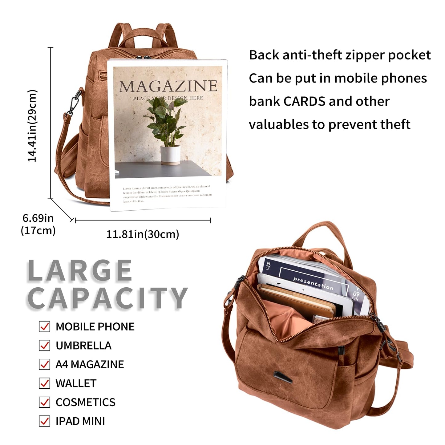 Puwuzixi Women Backpack Waterproof Anti-Theft Lightweight PU Fashion Travel Multipurpose Convertible Purse Shoulder Bag Handbag Backpack Caramel Brown