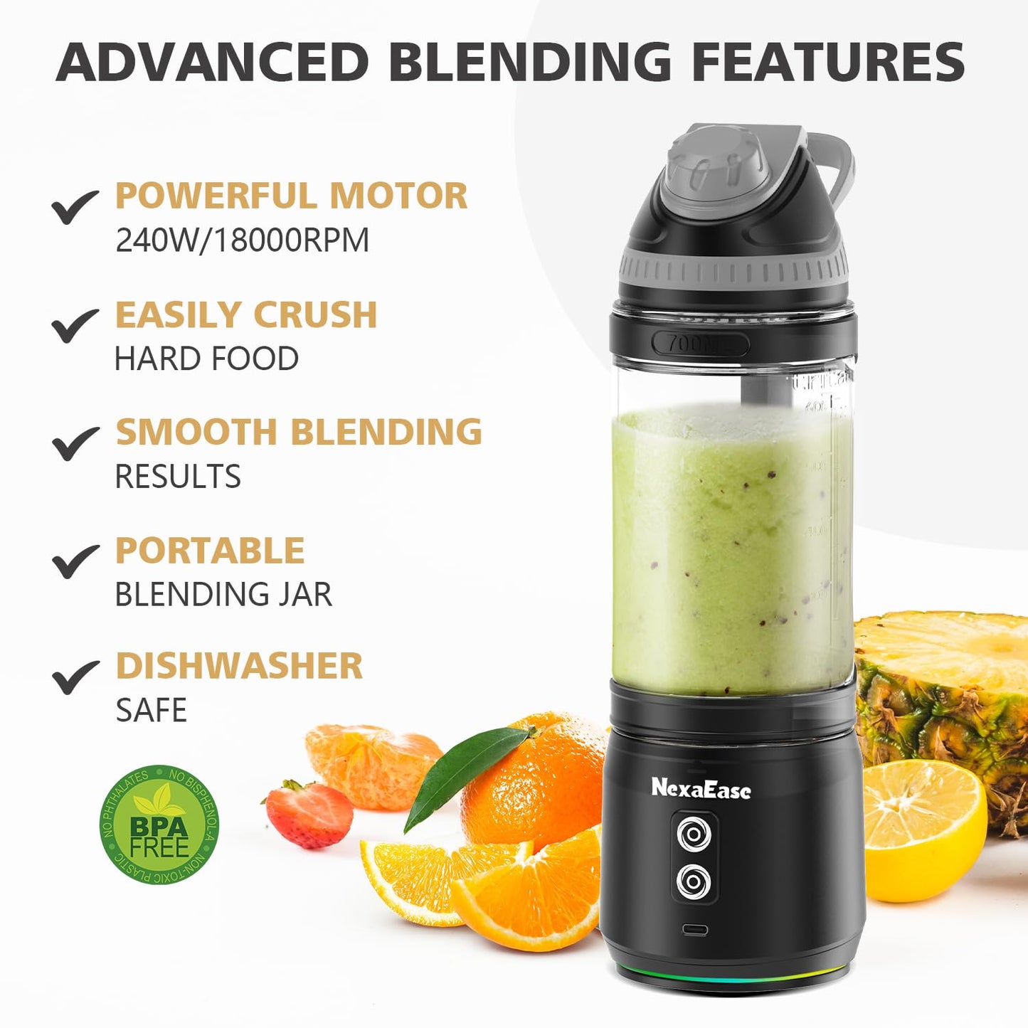Portable Blender Personal Juicer for Shakes and Smoothies - 20 OZ Electric Protein Shaker Bottle with Insulated Sleeve, Travel Lid, USB-C Rechargeable - Mini Small Blender Cup for Kitchen, Office, Gym