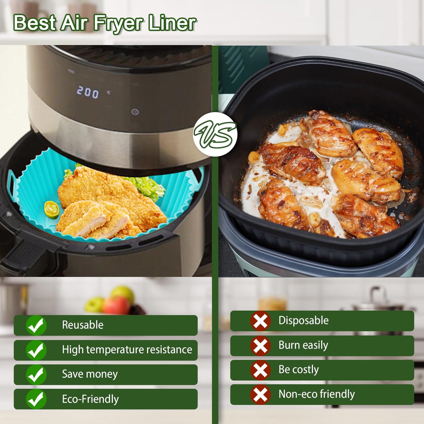 3 Pack Air Fryer Silicone Liners, 8Inch Airfryer Liners, AirFryer Basket Liner, Reusable Food Grade Air Fryers Basket Pots Oven Liner Baking Tray, Air Fryer Silicone Mat Accessories Kitchen