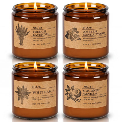 Soy Candles Set of 4, 9oz Natural Soy Wax Aromatherapy Candles, Home Scented Candles with 4 Scents (Lavender, Amber Sandalwood, White Sage, Coconut Vanilla), Gifts for Mom, Women, Relaxation, Yoga