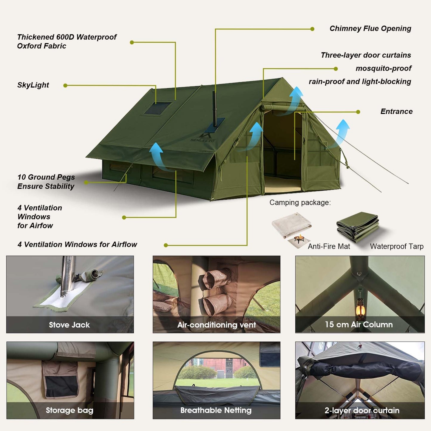 13' x 10' Inflatable Camping Tent for 8-10 Person, 4 Season Blow Up Tents with Waterproof pad, Easy Set-Up Glamping Inflatable Hot Tent with Stove Jack for Camping Adult