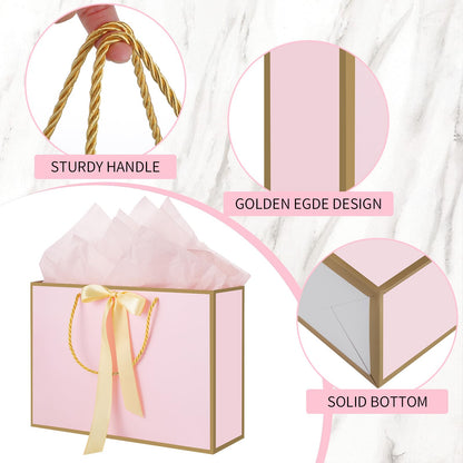 woric Pink Gift Bags with Handles, 14" Medium Gift Bags with Tissue Paper, 2 Pcs Pink Bags with 4 Tissue Paper and 2 Cards for Baby Shower Wedding Bridal Shower Mother's Day Birthday Party