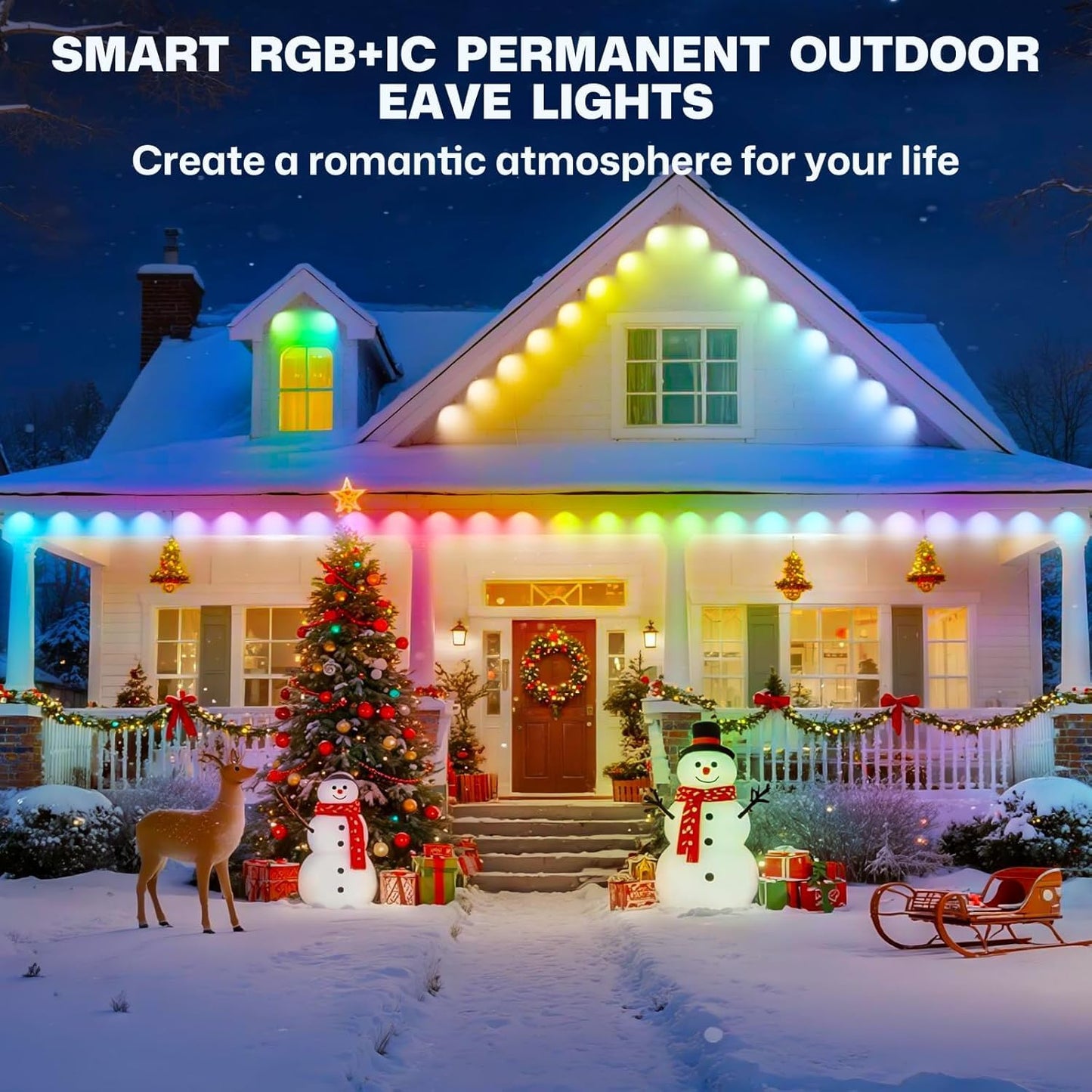 Permanent Outdoor Lights,200ft RGB + IC Smart LED Eaves Lights with App & Remote Control, IP67 Waterproof,for Christmas and All Holiday Decor,Daily and Accent Lighting,House Roof and Garden Lighting