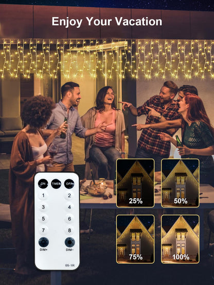 ROSCOO 32.8FT Icicle Lights, Christmas Outdoor with 400LED 75 Drops, IP65 Waterproof Eaves Lights, 8 Modes, for Christmas Eaves Garden Room Decoration Warm White