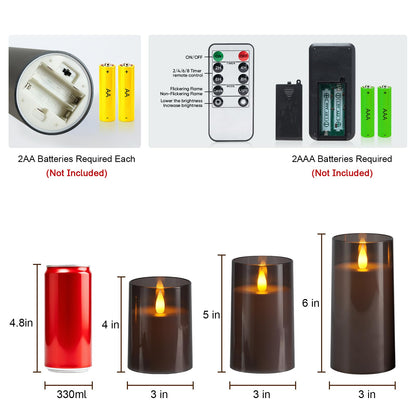 Raycare Flameless Electronic Pillar Candles with Remote Control and Timer- Battery Operated Realistic Flickering LED Fake Candle for Home, Wedding, Valentine's Day Decor, Grey,Set of 3(3"x4"5" 6")