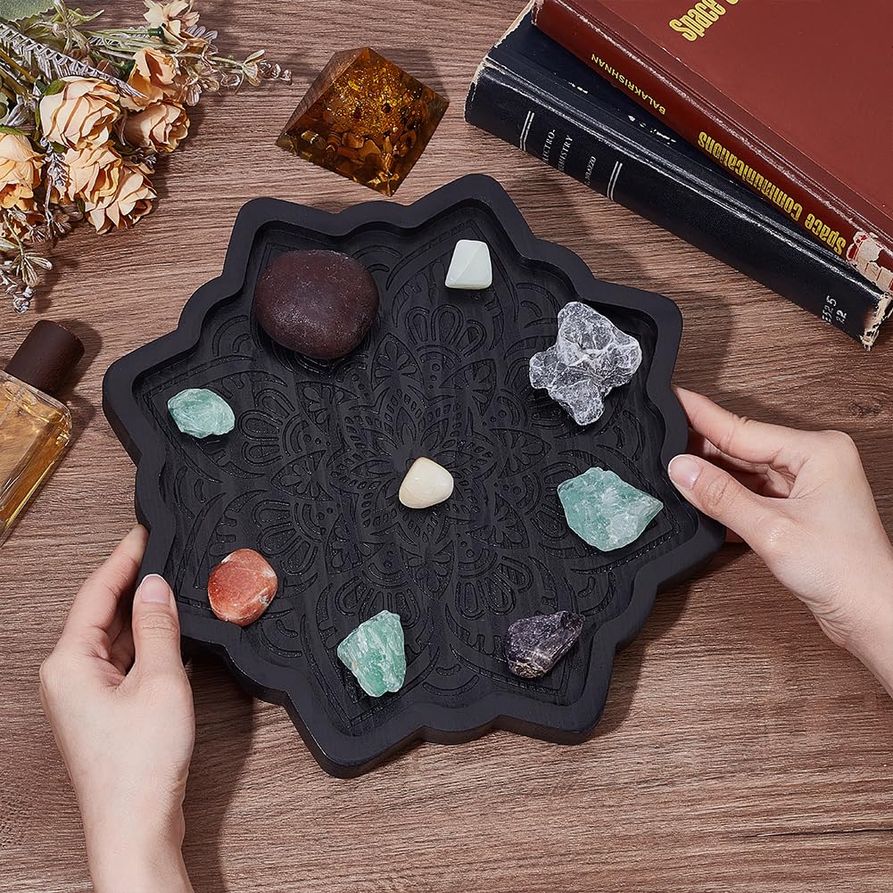 UNICRAFTALE Lotus Crystal Tray for Stones Mandala Stone Display Tray Crystals and Stones Flower Wooden Crystal Storage Holder Tray Black Fancy Decorative Jewelry Display Trays Organizer Bowl Decor