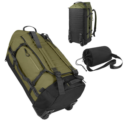 Vrtisa 85L 29“ Foldable Rolling Backpack with Wheels, Soft-side Travel Duffle Bag with Separate Shoe Compartment, Full Quilted Bottom,Army Green