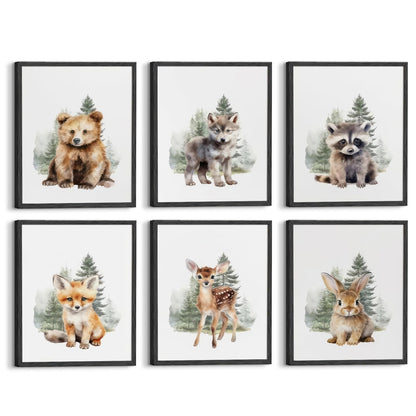 Aroutde 6Pcs Woodland Animal Canvas Wall Art Funny Nursery Room Decor Rabbit Bear Deer Fox Prints Baby Animal Bedroom Picture for Boy Girl Playroom Decoration (8x10 Inch, Unframed)