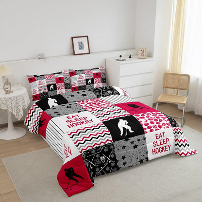 Erosebridal Ice Hockey Down Comforter, Hockey Player Comforter Set Full for Teens Kids Boys Men, Geometric Plaid Grid Bedding Set Sports Games Duvet Sets with 2 Pillow Cases, Black White and Red