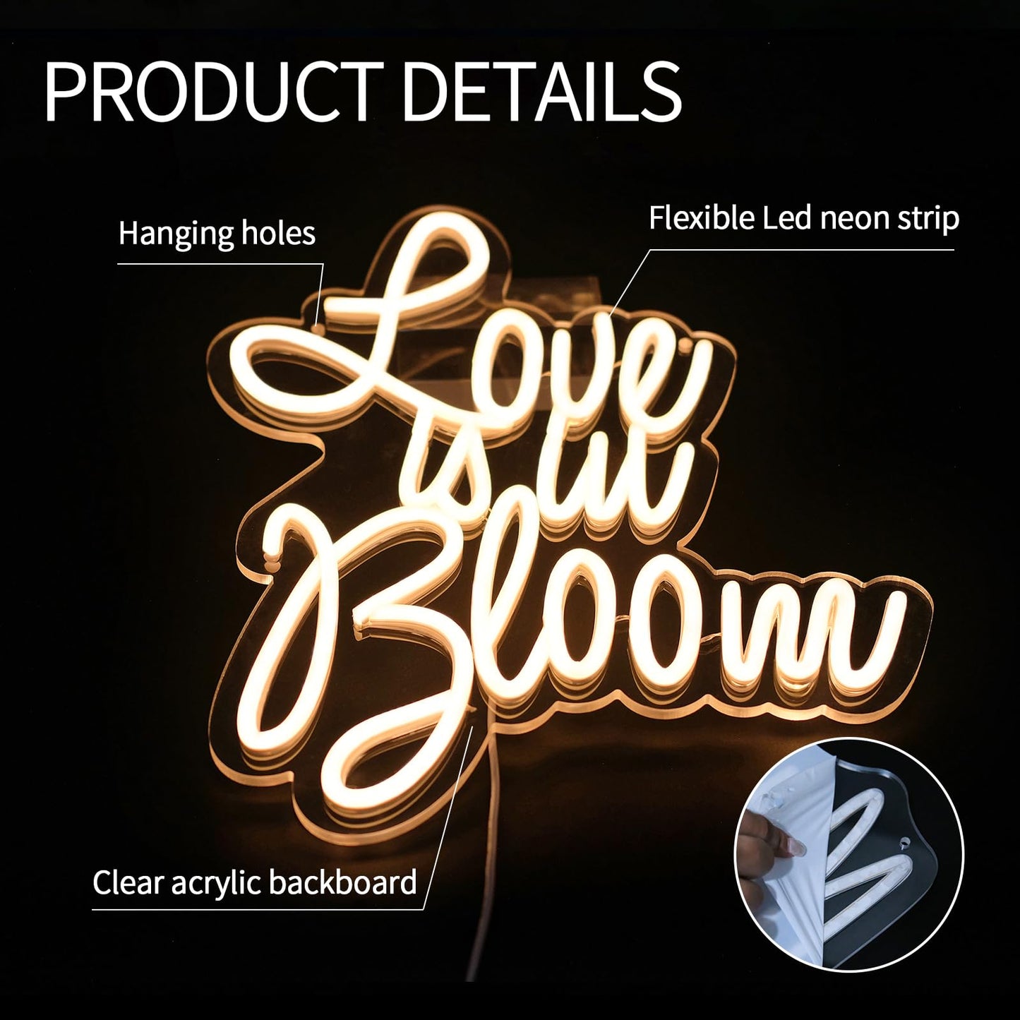 Virlusy Love is in Bloom Neon Sign for Wall Decor Dimmable Led Lights Signs Letters Signs for Bridal Shower Warm White Neon Light Room Decor for Wedding Engagement Christmas Party Gift 12.8*15.16 in