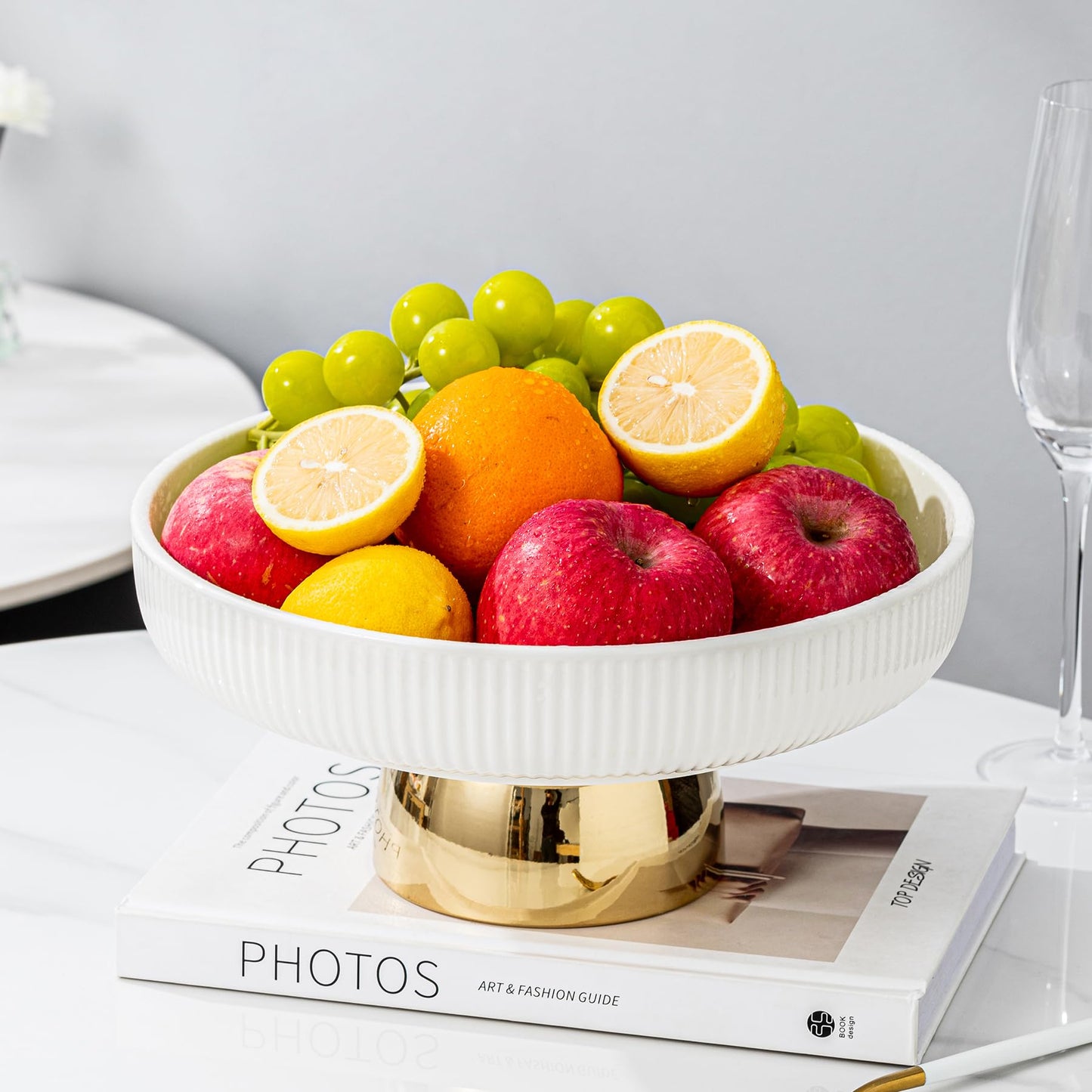 CCATSIX Ceramic Fruit Bowl,11-Inch Large Decorative Bowls,White Pedestal Tray and Gold Base, Fruit Bowl for Kitchen Counter, Bread and Fruit Trays,Salad or Dessert Display Trays for Parties. (XL)