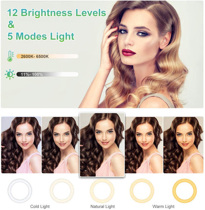 SEBIDER 10" LED Ring Light with Tripod Stand & Phone Holder,Dual LED Ring Lights Dimmable with 5 Light Modes(2700-6500K) &12 Brightness for Makeup/Photography/TikTok/YouTube/Selfie Live Streaming