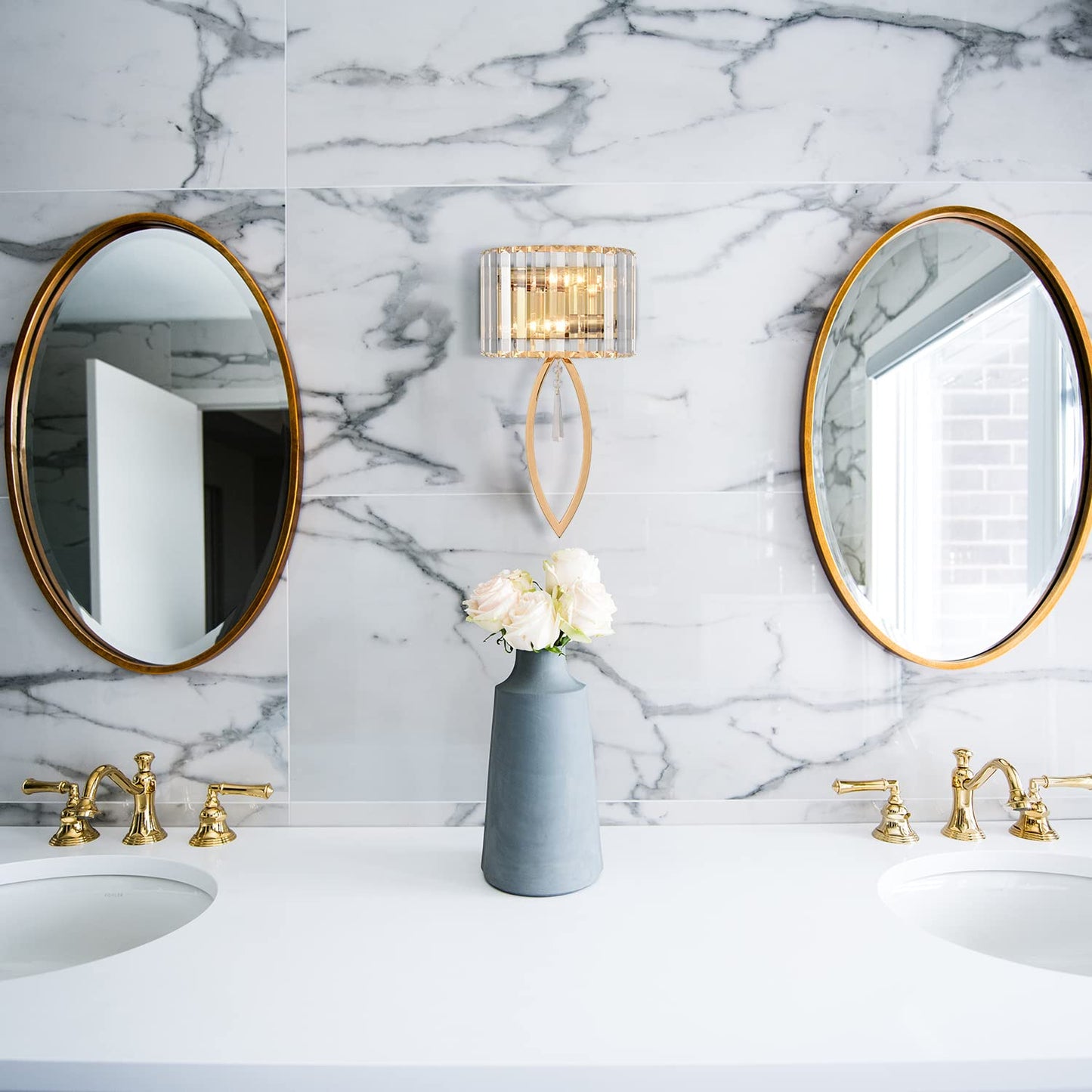 CLAXY Mid Century Wall Sconces, 2-Light Elegant Crystal Gold Wall Light for Bathroom Bedroom Hallway