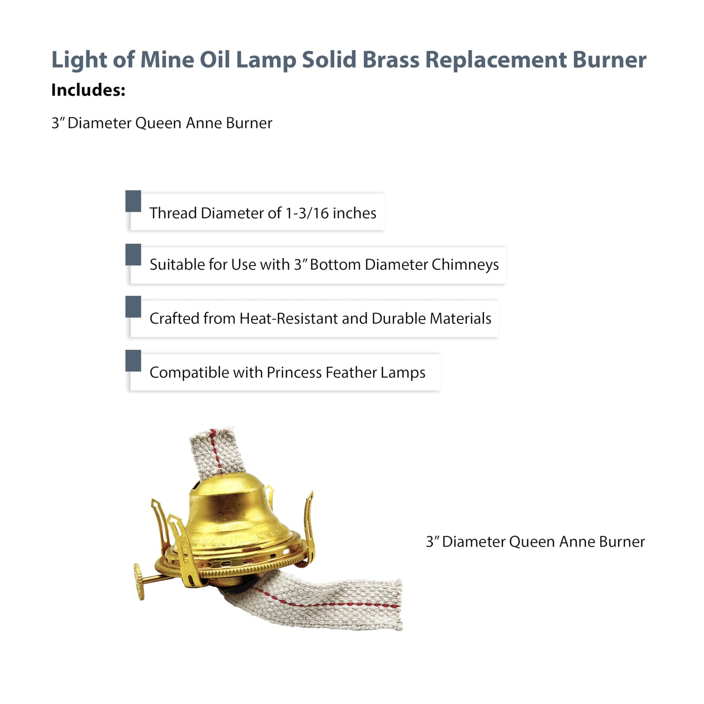 Light of Mine – Queen Anne Solid Brass Replacement Burner for Antique Hurricane Lamps (1 Pack) – Premium Oil Lamp Burner for Restoration & Custom Builds