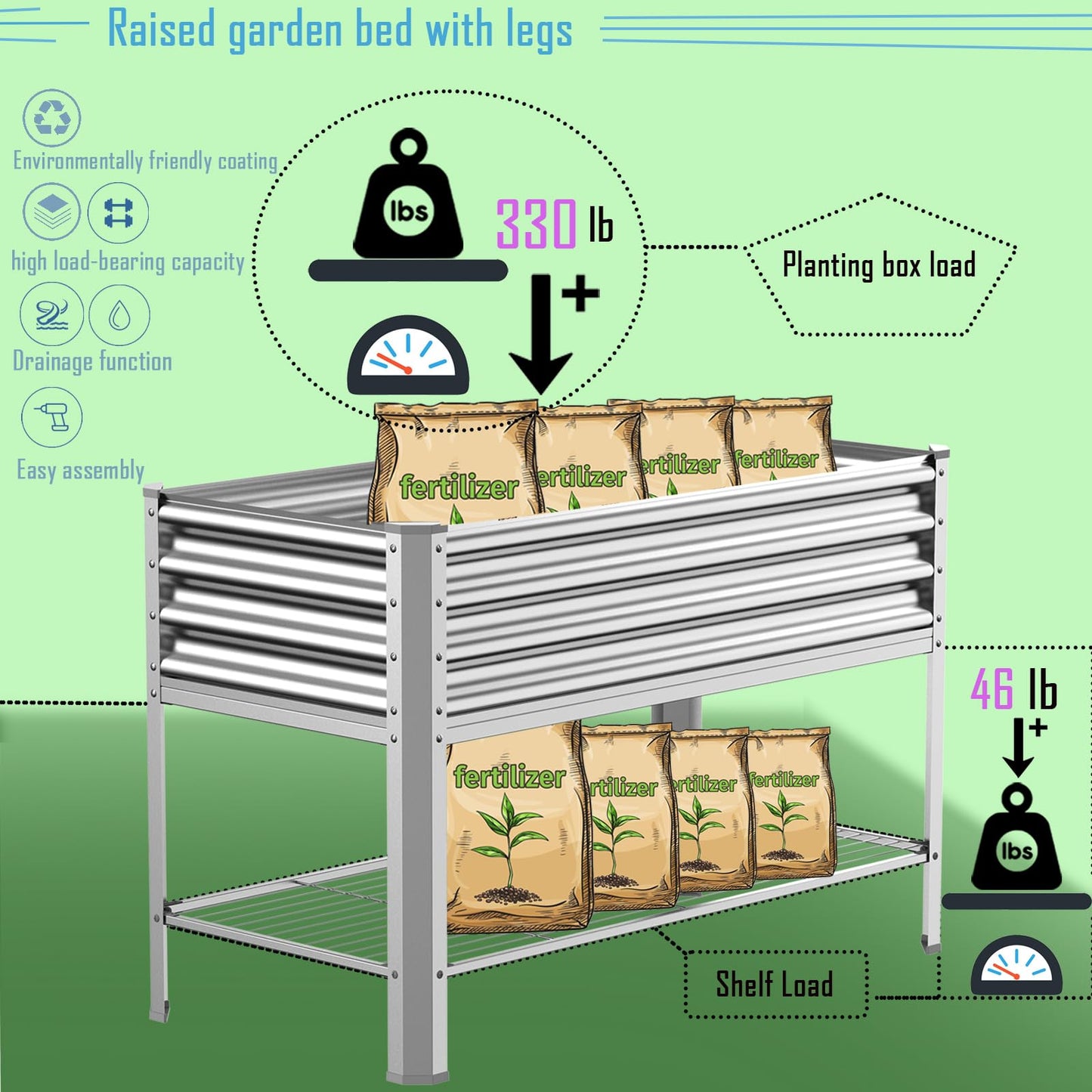 COATTOA Raised Garden Bed with Legs, Galvanized Raised Planter Box with Storage Shelf and Drainage Holes, 48×24×32 Inch Large Metal Garden Bed Kit for Balcony, Backyard, Patio Lasts for Years of Use.