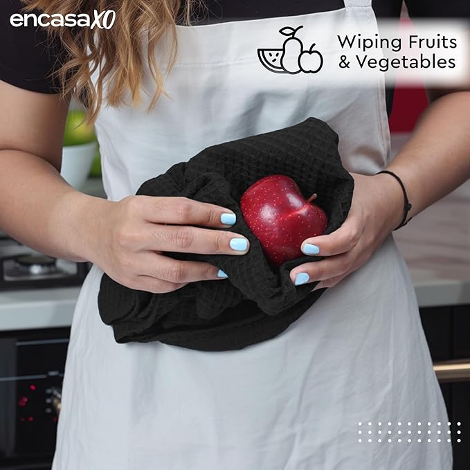 Encasa XO Kitchen Dish Towels Set | Black | Waffle Weave and Flat Hand Tea