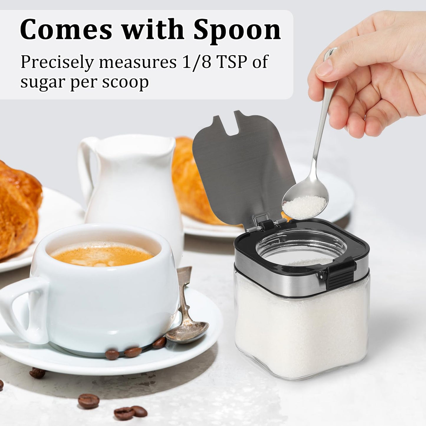 Aelga Glass Sugar Bowl with Lid and Spoon, 8.5 OZ Sugar Container Stainless Steels Flip Lid, Salt Container for Kitchen, Coffer Bar Accessories, Countertop, 2 Pack