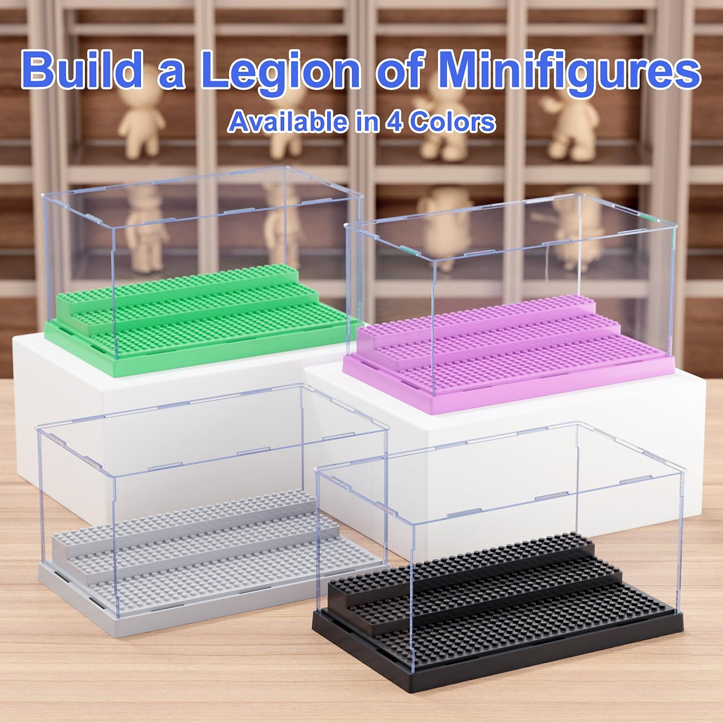 2 Pack Minifigure Display Case for Action Figures Blocks, Clear Dustproof Acrylic Display Box Storage with 3 Movable Steps Gifts for Children,Black…