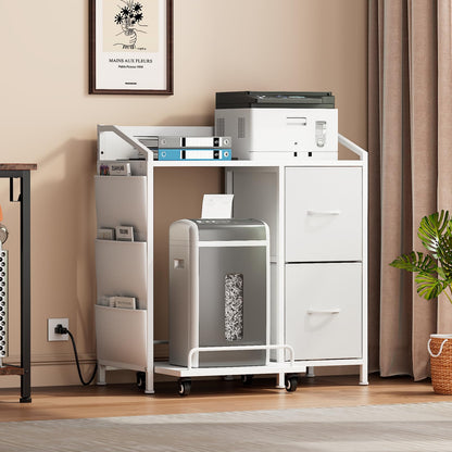 WODRAWER Printer Stand with Fabric Drawers, Lateral Office Filing Cabinets with Power outlets & USB Charging Port, File Cabinet with Large Printer Stands for Home Office, Shredder Stand Rack (White)