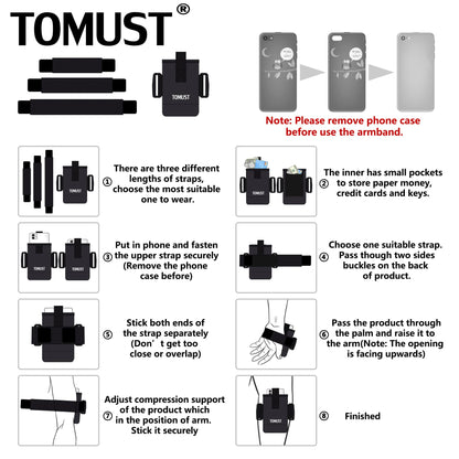 TOMUST Phone Holder with Three Strap, Lightweight Arm Band with Reflective Logo, Elastic Armband Sleeve with Case Fits iPhone and Android, Use for Running, Hiking, Fitness and Workouts, Women/Men