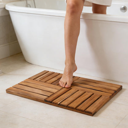Utoplike Teak Shower Bench Seat with Handles and 24 x 16 inch Teak Wood Bath Mat Set