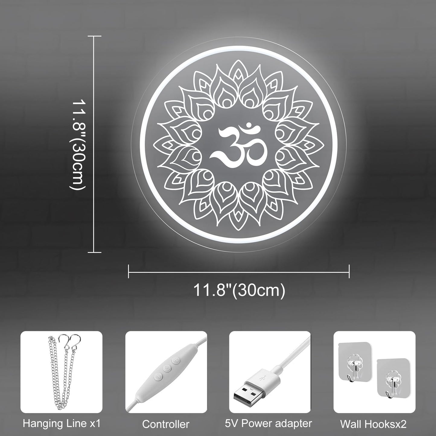 Om Mandala Neon Sign, 11.8″ × 11.8″ White Om Buddha Led Wall Light, Yoga Decor, Meditation Room Sign, Buddha Symbol Gift, Yoga Studio, Pilates Studio Wall Art