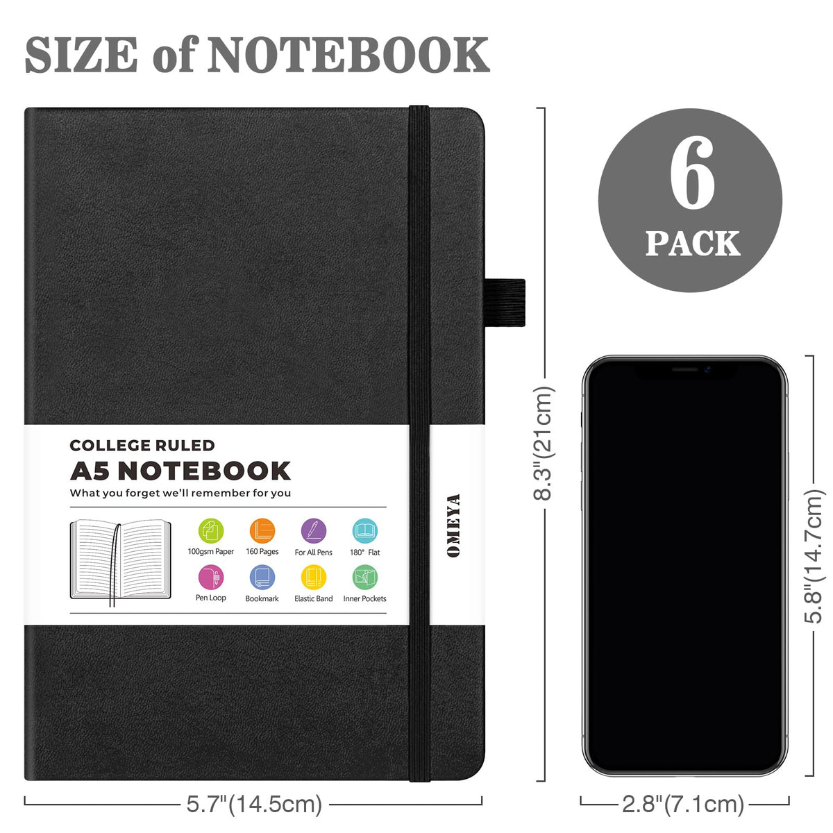 6 Pack Journal Notebooks for Work with 6 Pens, A5 Hardcover Notebook，Business Notebooks Bulk, College Ruled Notebook for Men, Leather Journal for Writing, 160 Pages, 100GSM Thick Paper (5.7" x 8.3")