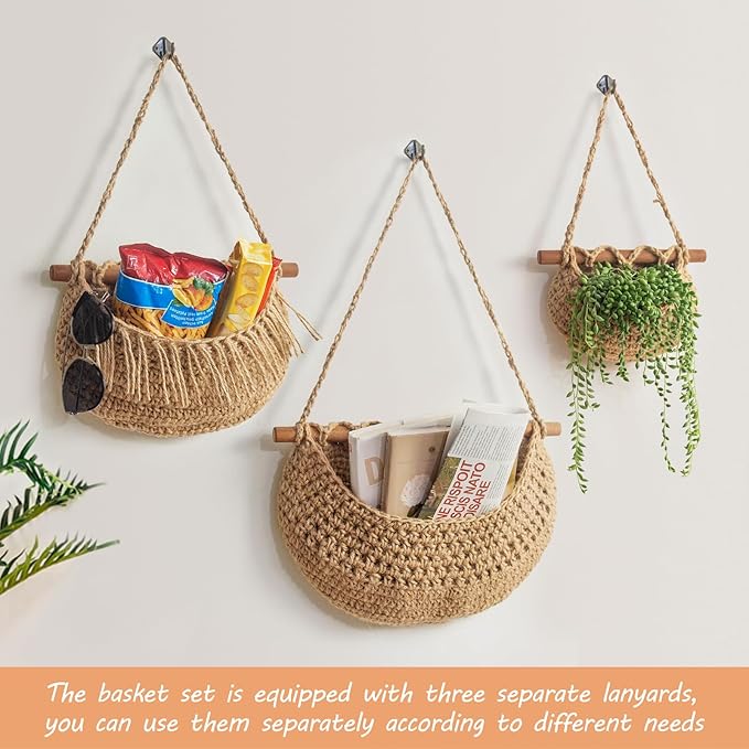 Hanging Fruit Basket, 3 Tier Over the Door Organizer, Handmade Woven Jute Wall