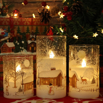 Lasumora Snowman Glass Flameless Candles with Remote Timer, Real Wax LED Pillar Candles Flickering, Battery Operated 3D Wick Candles for Home Décor Christmas Gifts (Pack of 3, D3” x H 4” 5” 6”)