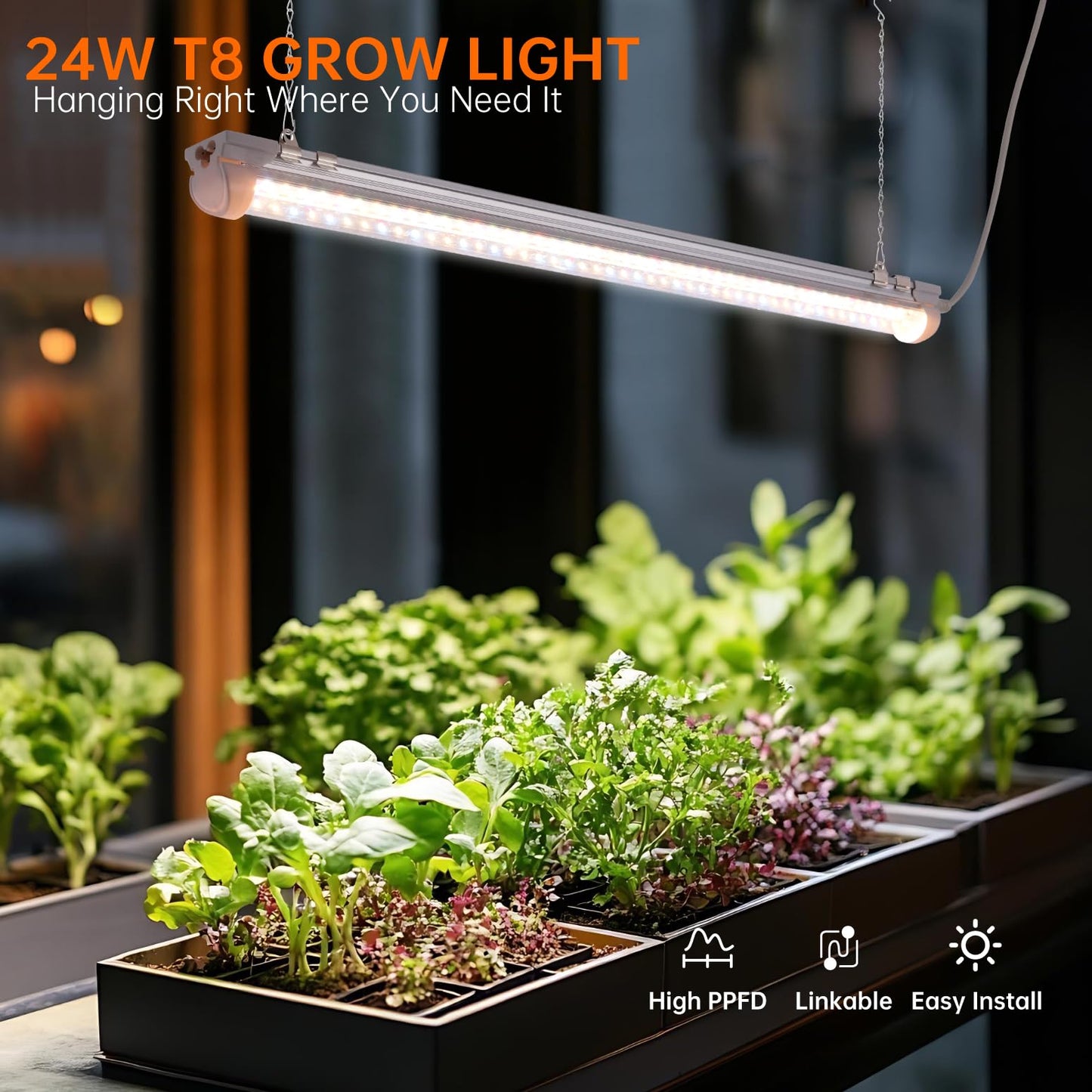 Bstrip Grow Light, 2FT 48W (2 X 24W) Plant Light with Timer, Full Spectrum with 660nm Red LEDs, Linkable Design, 3686K T8 Grow Lights for Indoor Plants, Greenhouse, Seeding, 2-Pack