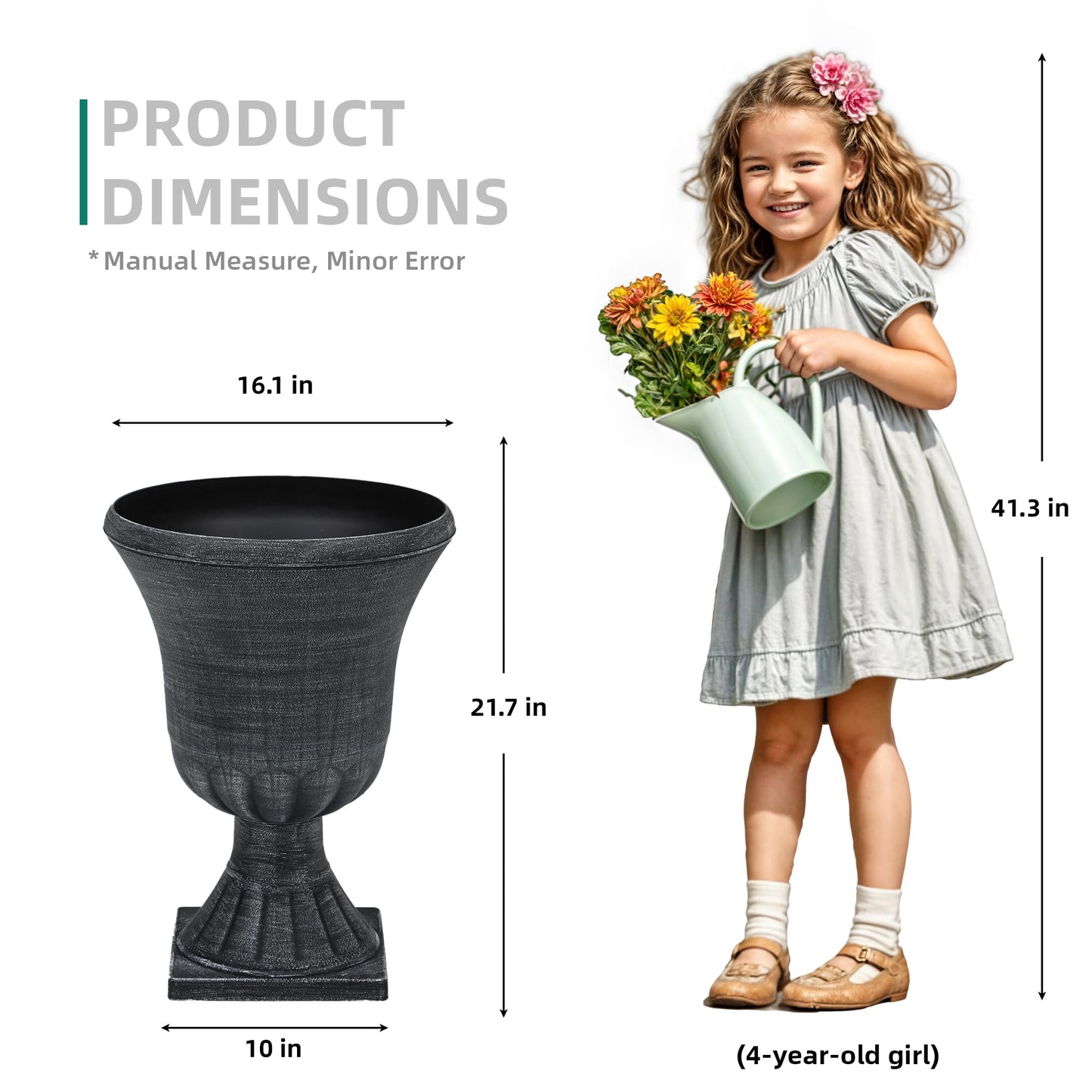 Autodaya 22" Tall Plastic Urn Planters Set of 2, 3D Textured Washed Black Finish Pedestal Plant Pots, Weather-Resistant Large Flower Pots for Front Porch, Patio, Garden & Indoor Use