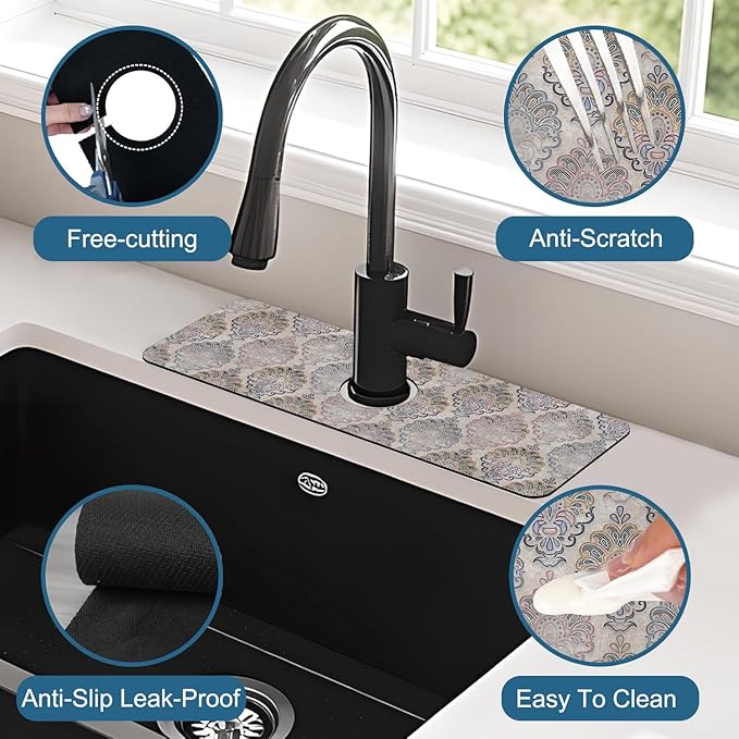 Grey Ceramic Printing Sink Splash Guard Ceramic Texture Faucet Absorbing Mat