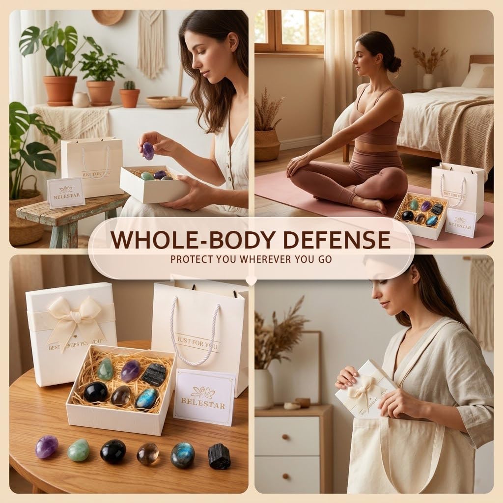Protection Crystal Set - 6 Healing Stones for Spiritual Defense & Energy Cleansing - Includes Blessing Card, Elegant Box & Bag