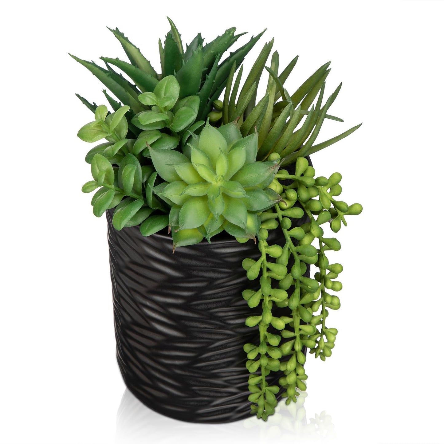 Hollyone Artificial Succulents in Pots Faux Succulents Plants Fake Succulent Arrangement Potted Plants with Black Ceramic Vase for Office Desk Bathroom Shelf Living Room Indoor Home Decor Large