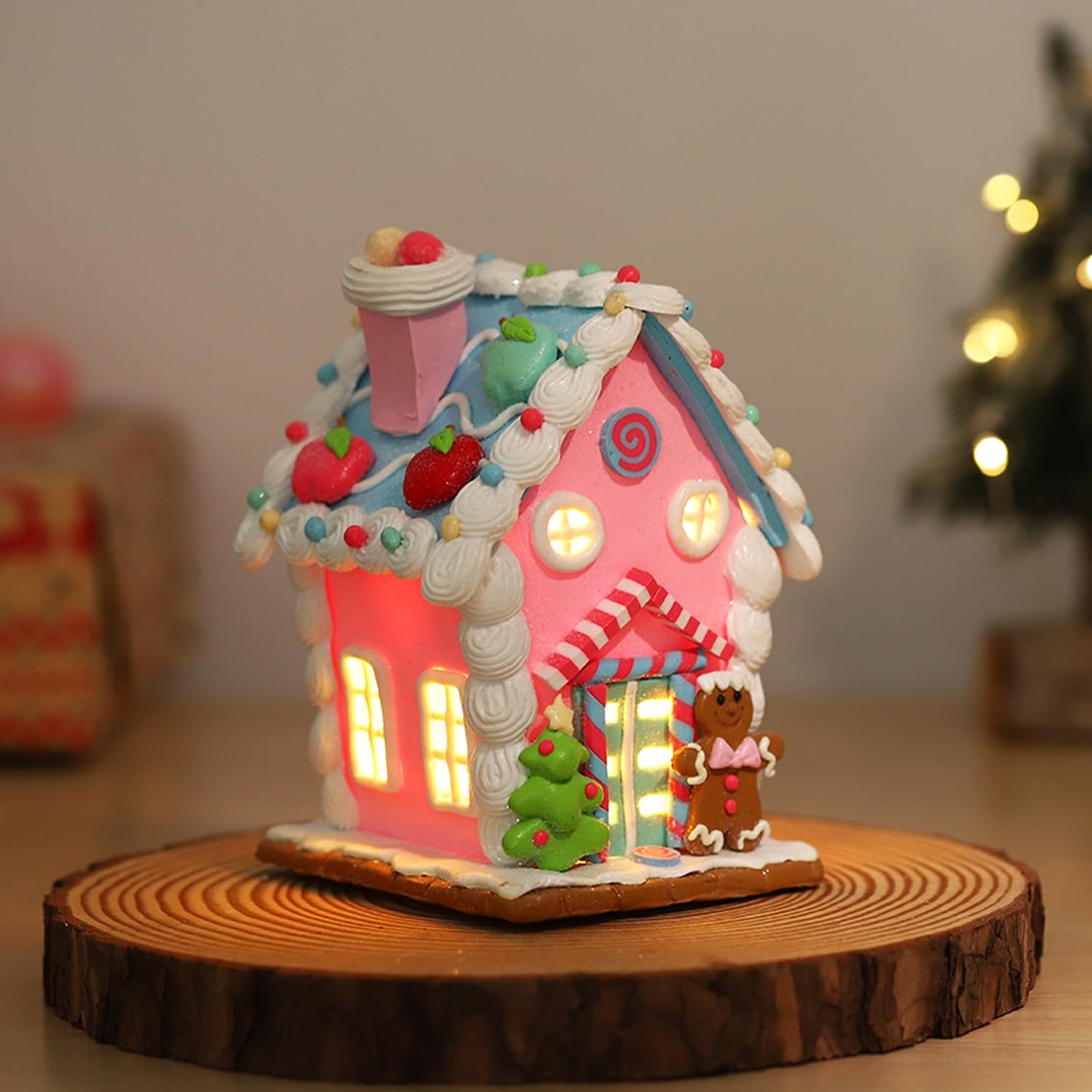 Christmas Pastel Gingerbread House Ornaments Decorations,Soft Clay Pastel Pink Small Candy House Christmas Ornaments with Light for Christmas Tree Hanging Pendants Xmas Tabletop Decoration