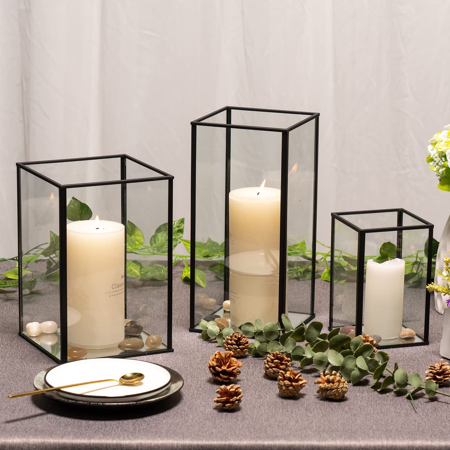 Phosphor Large Glass Hurricane Candle Holder Set of 3 PCS Black Glass Candle Holder for Thankgiving Wedding Party Holiday