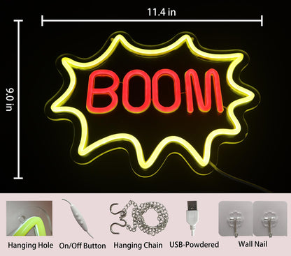 DAKALADONKI Boom Neon Sign – USB Powered Neon Light for Game Room, Music Studio, Home Bar, Gym Wall Decor, 11.4 x 9.0 Inch